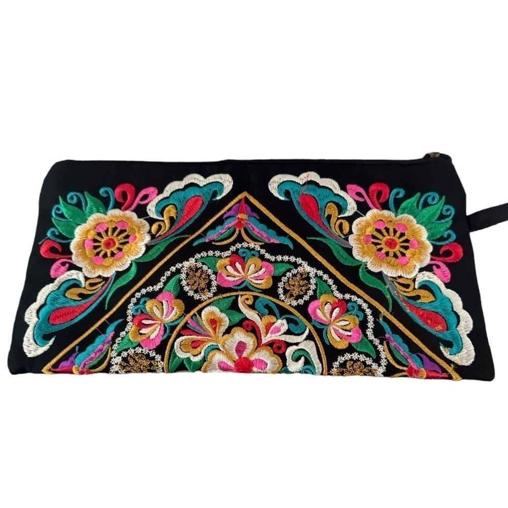 Black Embroidered Clutch Writstlet Cosmetic Evening Bag